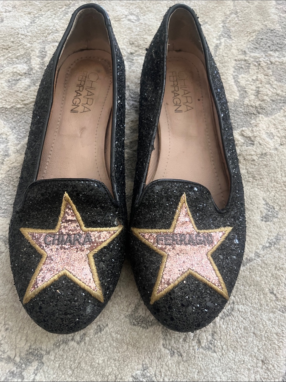 Chiara Ferragni Black Glitter Star Slip-On Loafers with Pink and Gold Details